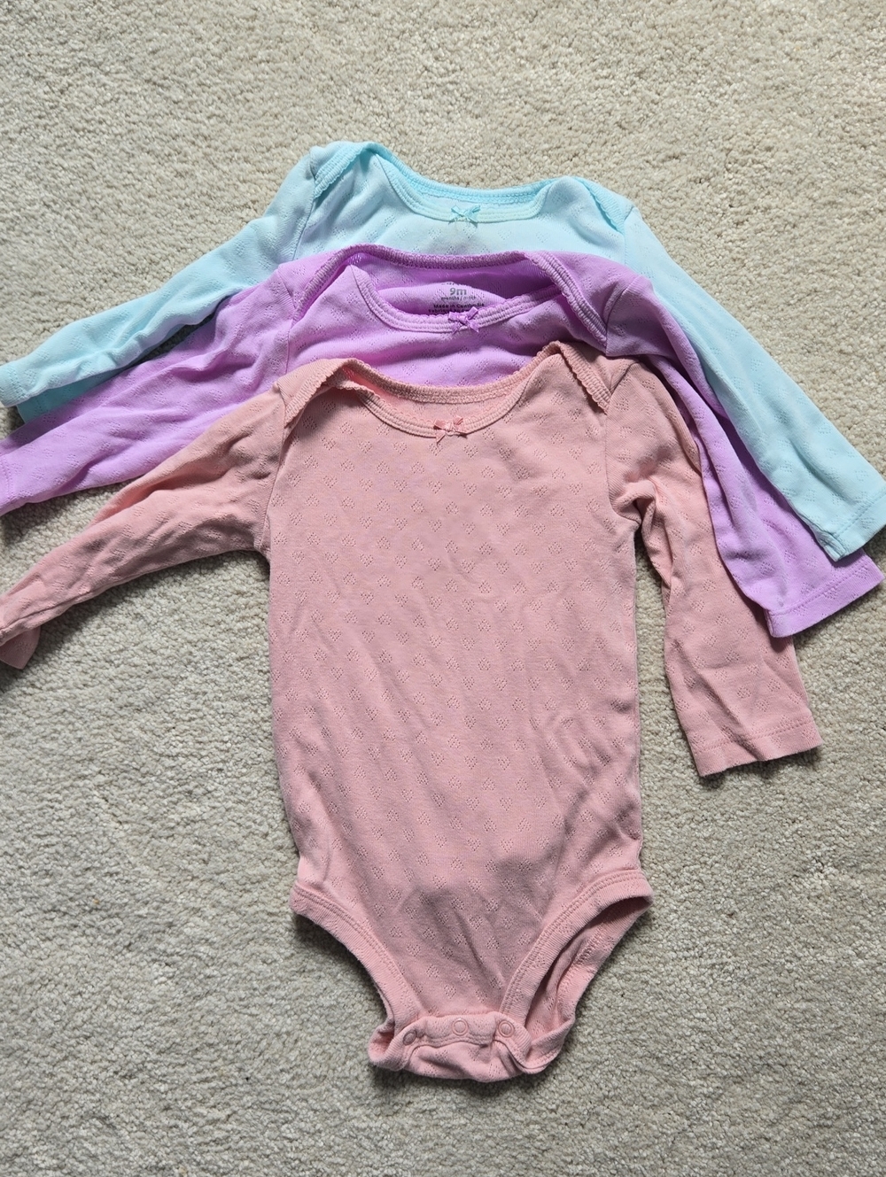 Carter's Bundle of 3 Heart Pointelle Long-Sleeve Onesies, Size 9M